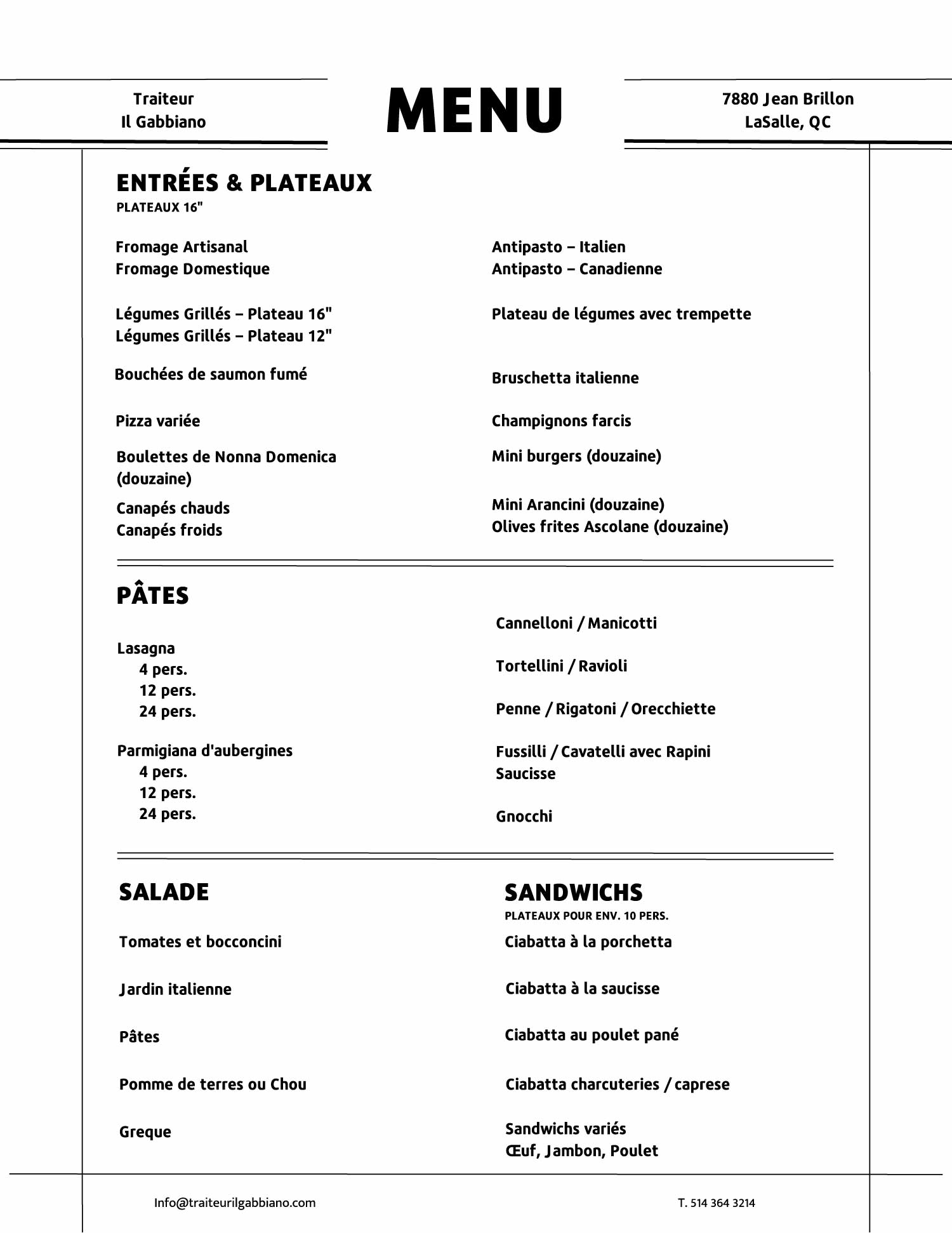 Menu de traiteur Il Gabbiano en français